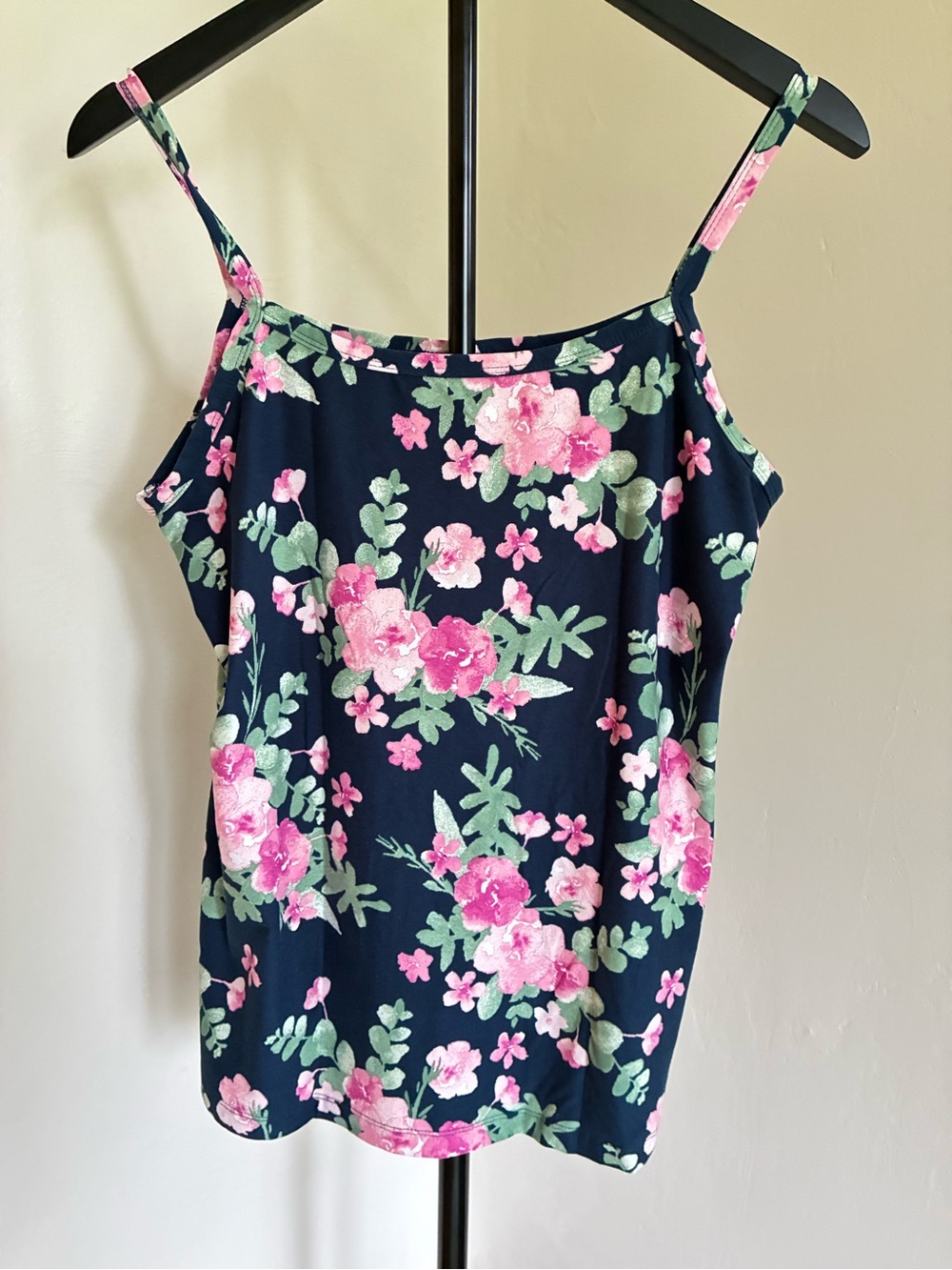Navy Floral Spaghetti Strap Tank Top - Pink & Green Blooms
